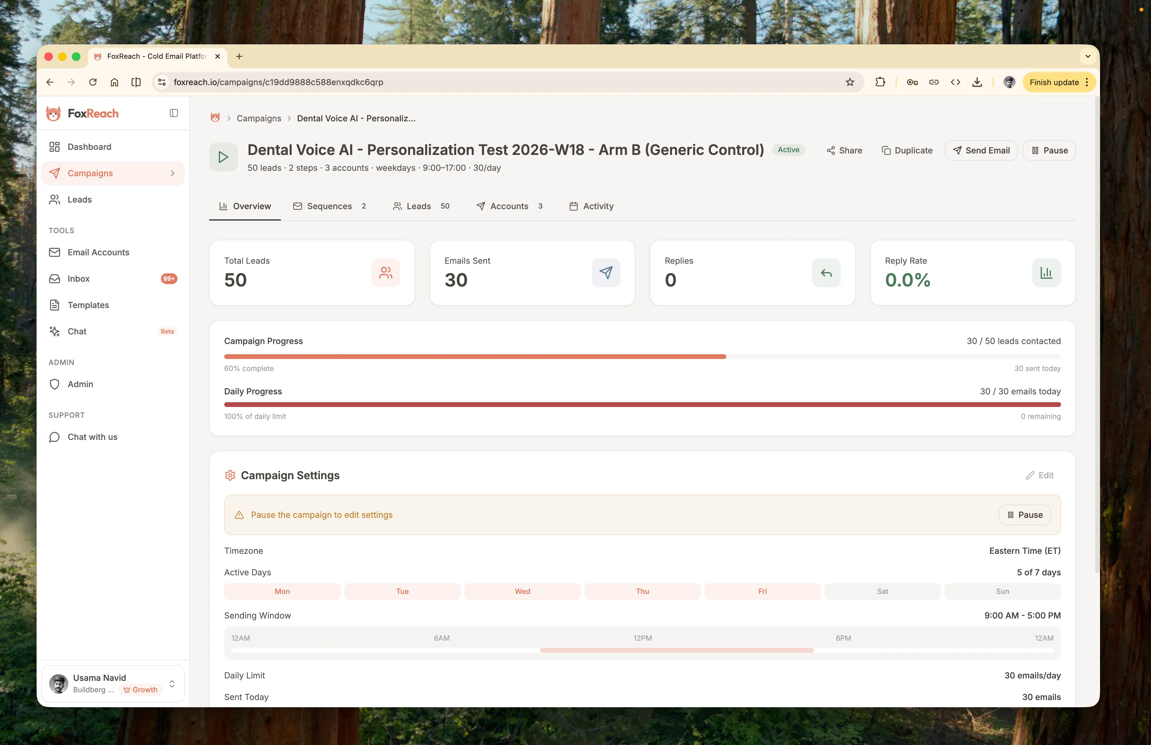 FoxReach campaign overview with progress and reply tracking