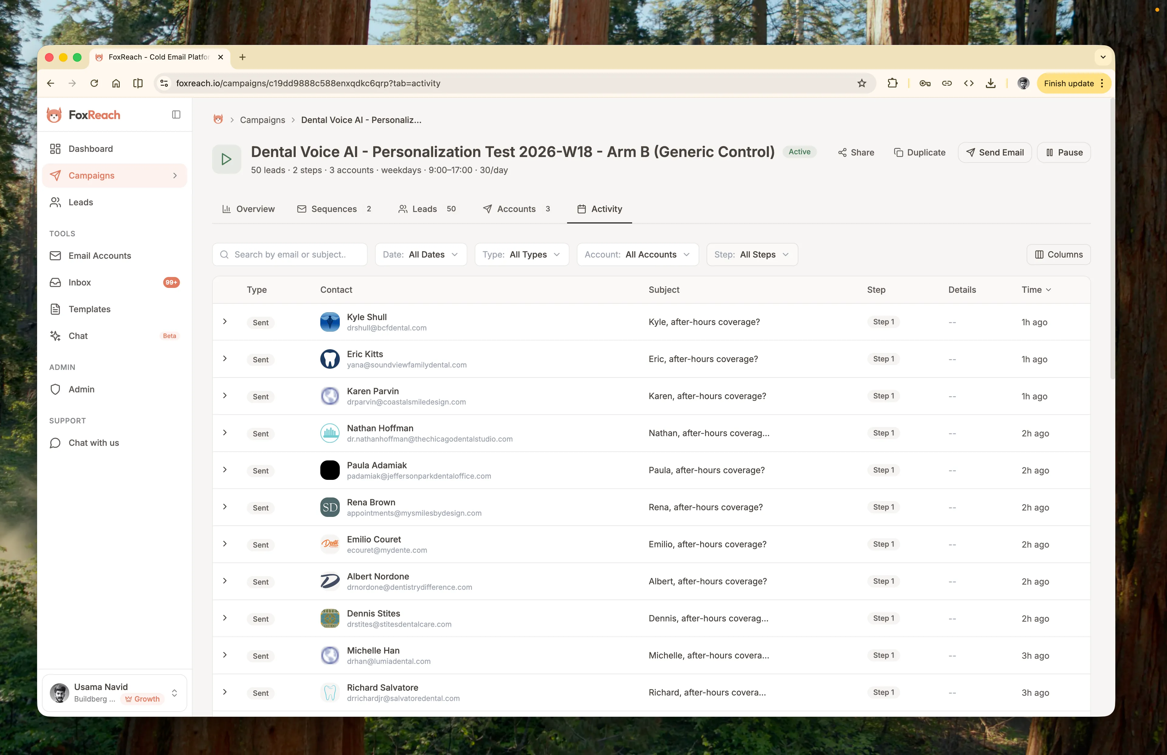 FoxReach per-message activity feed