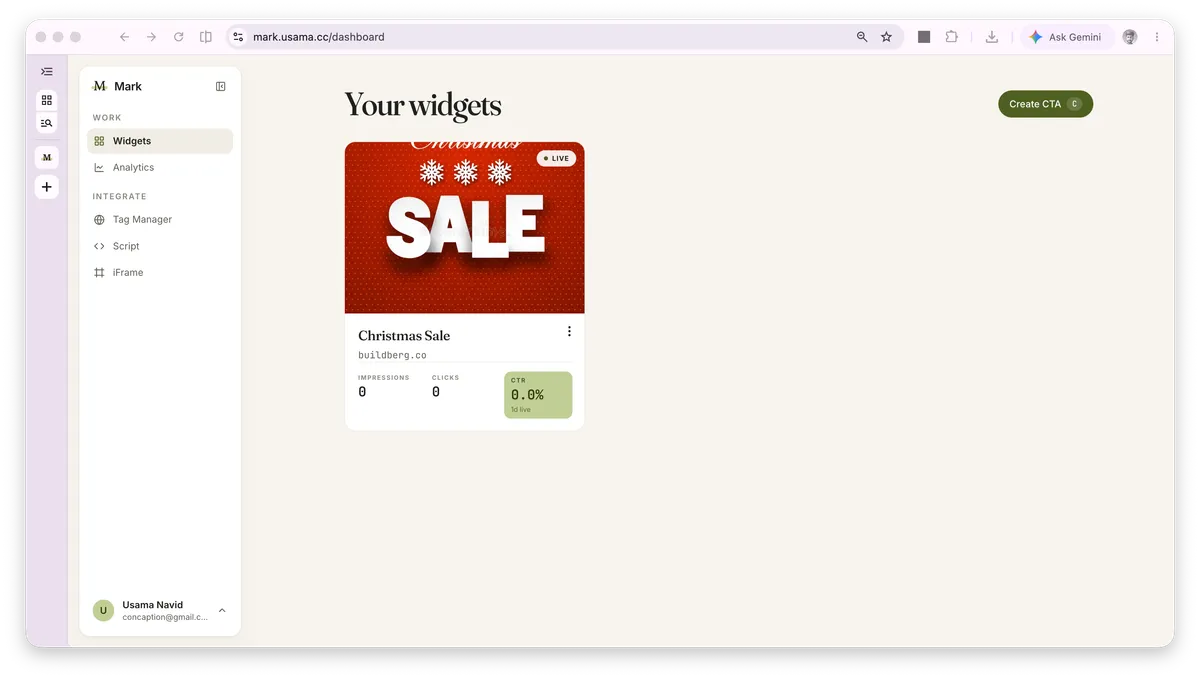 Mark - CTA widget management dashboard