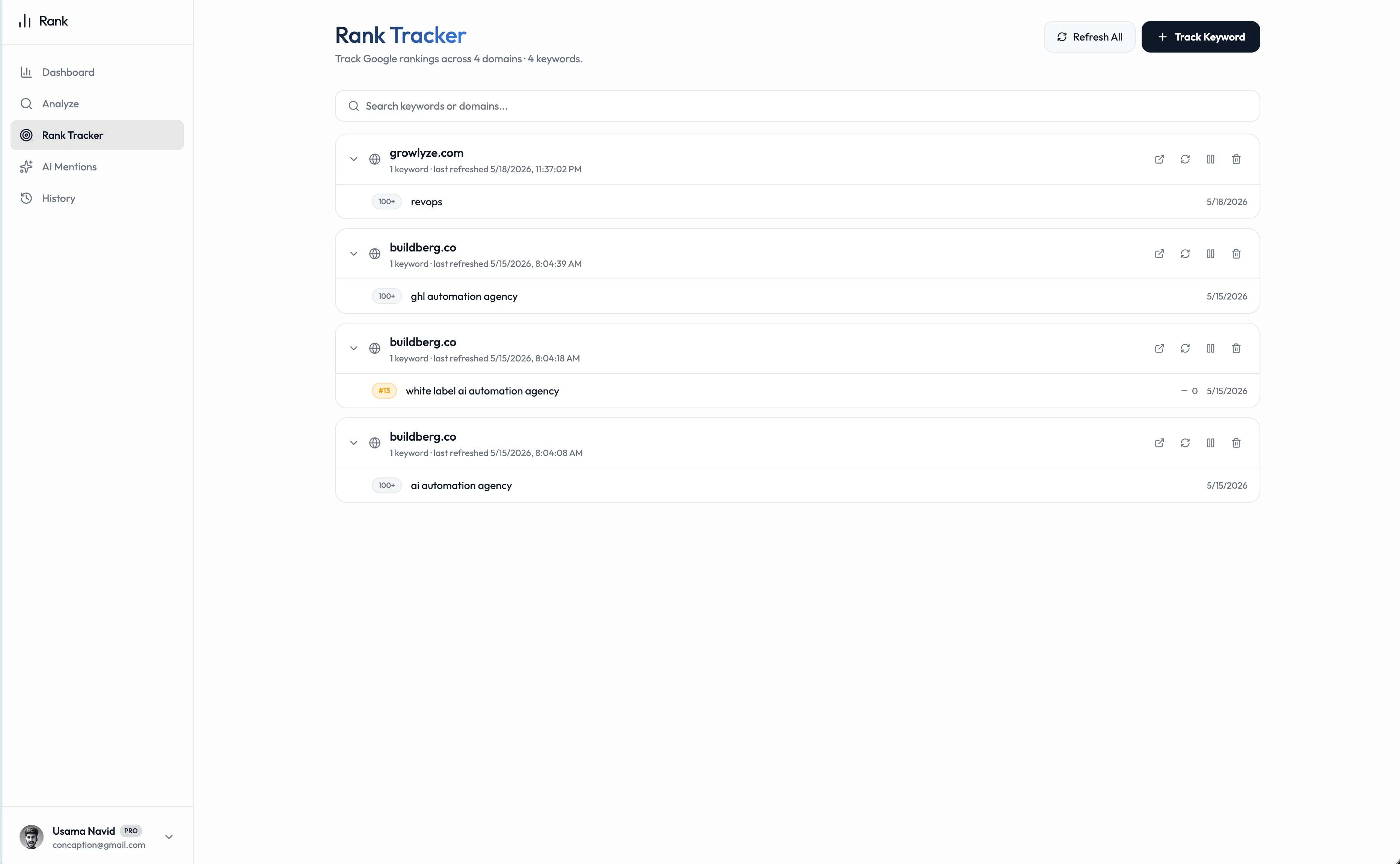 SEO Rank Tracker dashboard